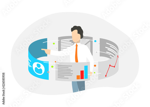 Businessman stand around touch screen monitors. Data analytics and web technologies concept. Vector illustration