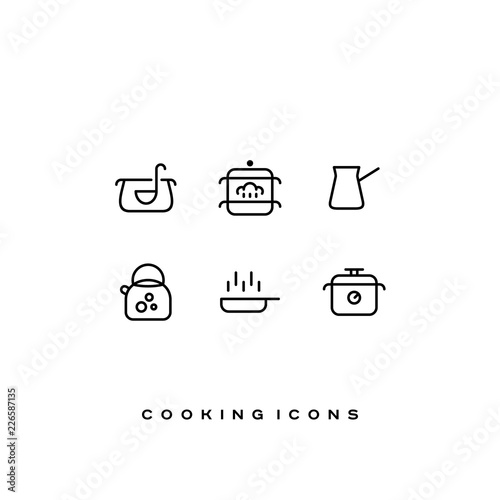 Simple line vector cooking icons set. Soup, steamer, cezve coffee, tea kettle, frying pan, pressure cooker.