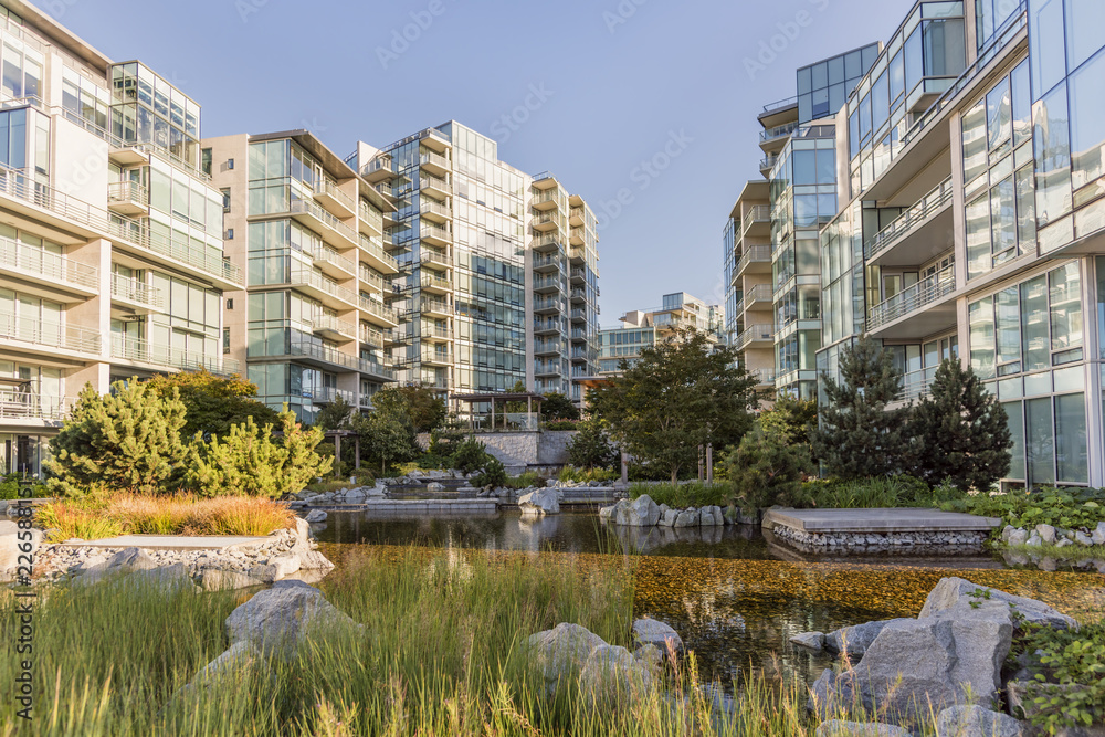 pond with stones, trees and bushes surrounded by new, modern high-rise residential buildings
