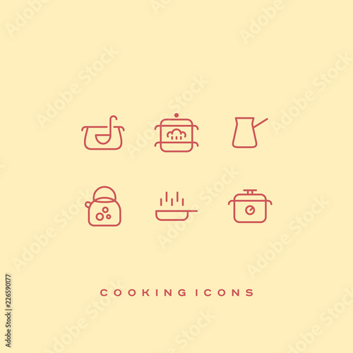 Simple line vector cooking icons set. Soup, steamer, cezve coffee, tea kettle, frying pan, pressure cooker.