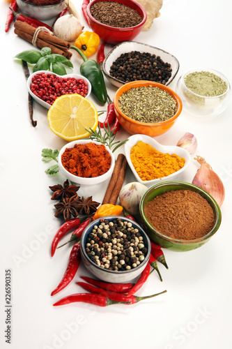 Spices and herbs on table. Food and cuisine ingredients.