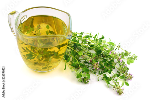 Fresh Wild Thyme Tea in a Glass with a Bunch of Thyme Herb. Also Tymus Vulgaris, Common, German or Garden Thyme, Isolated on White Background.