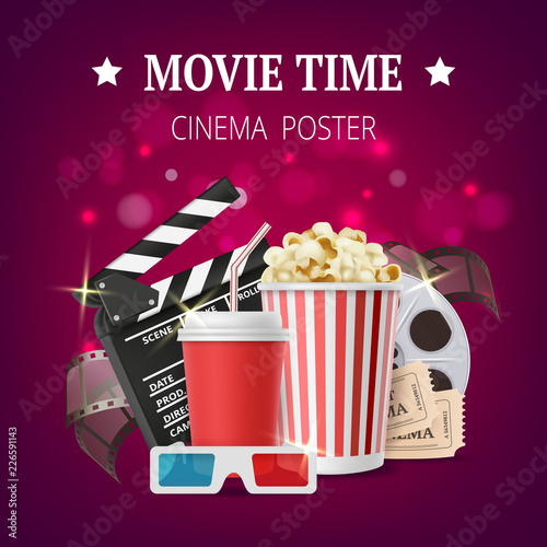Movie poster. Cinema placard design template with film production vector symbols tape stereo glasses popcorn clapperboards. Illustratation of movie banner, cinema time