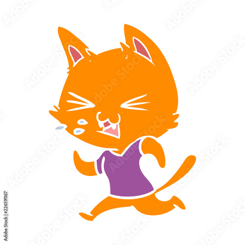 flat color style cartoon running cat hissing