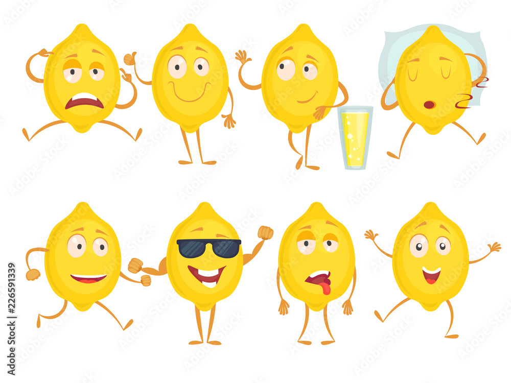 Lemon funny characters. Fresh fruits emotions sadness joy surprise and various poses. Vector mascot yellow lemon with happy face. Illustration of fruit fresh lemon isolated on white Lemon funny characters. Fresh fruits emotions sadness joy surprise and various poses. Vector mascot yellow lemon with happy face. Illustration of fruit fresh lemon isolated on white