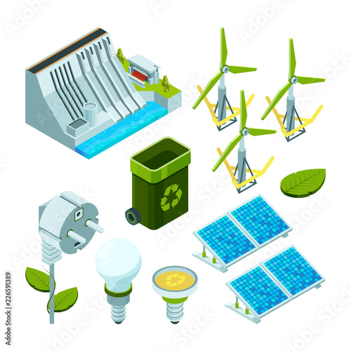 Green energy. Saving factory power electric hydro turbines ecosystem various technology 3d isometric vector symbols. Power turbine, electric hydropower illustration