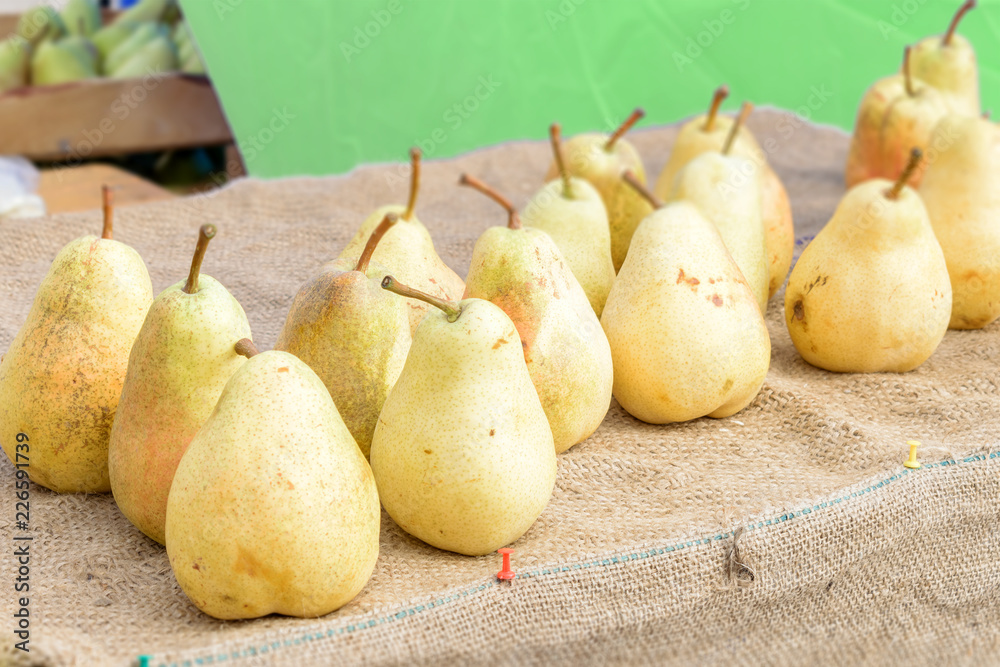 Healthy Organic yellow Pears on the table with burlap at village fair. Fruit harvest fresh picked William (Bartlett) pears in the organic shop Healthy Organic yellow Pears on the table with burlap at village fair. Fruit harvest fresh picked William (Bartlett) pears in the organic shop