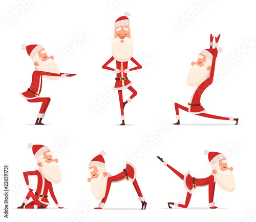 Santa yoga poses. Christmas winter holiday sport healthy character standing in various relax poses vector cute mascot isolated. Illustration of santa claus yoga