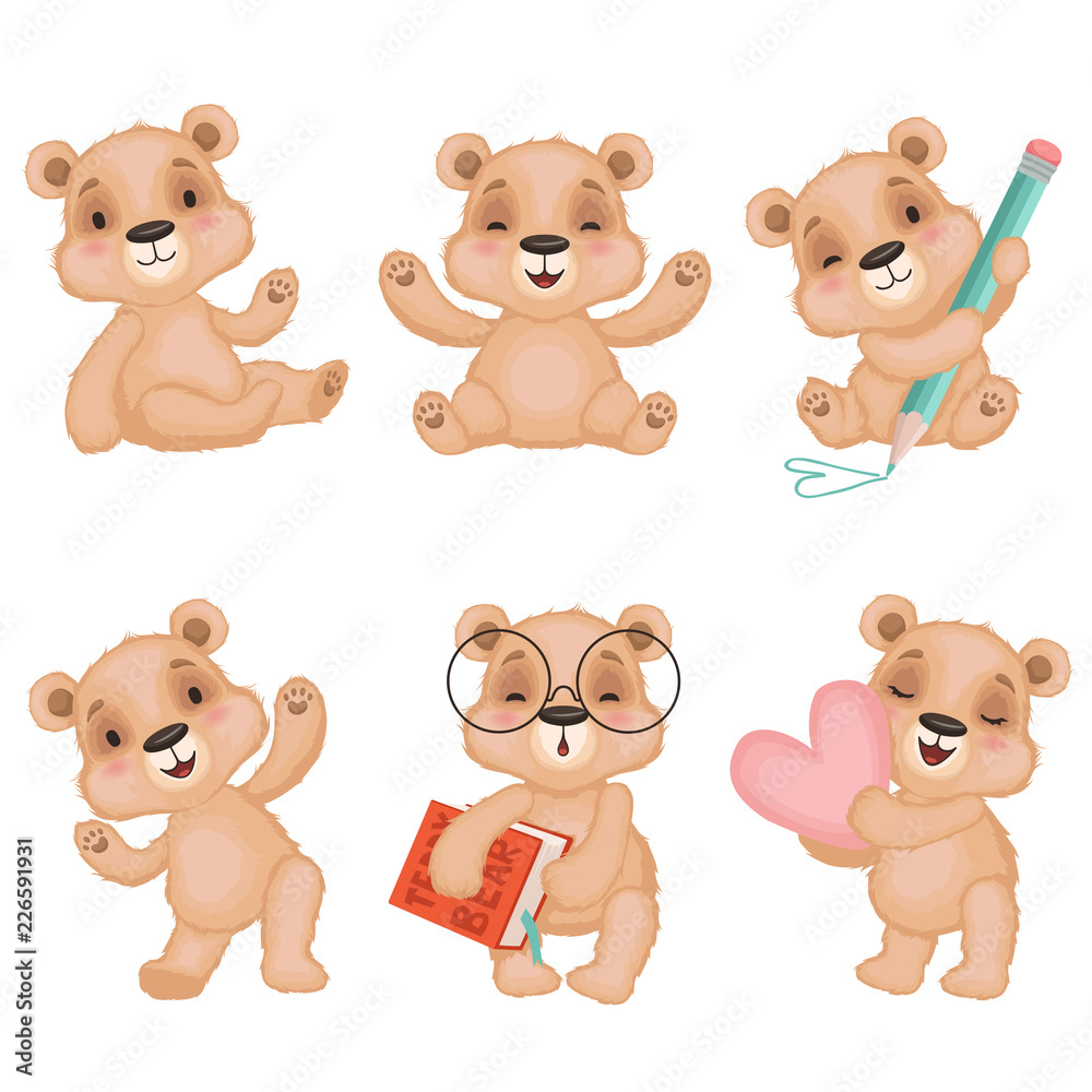 Teddy bear characters. Fluffy cute toys for kids bear vector mascots in  various action poses. Set of bear toys, plaything happy illustration vector  Stock-Vektorgrafik | Adobe Stock