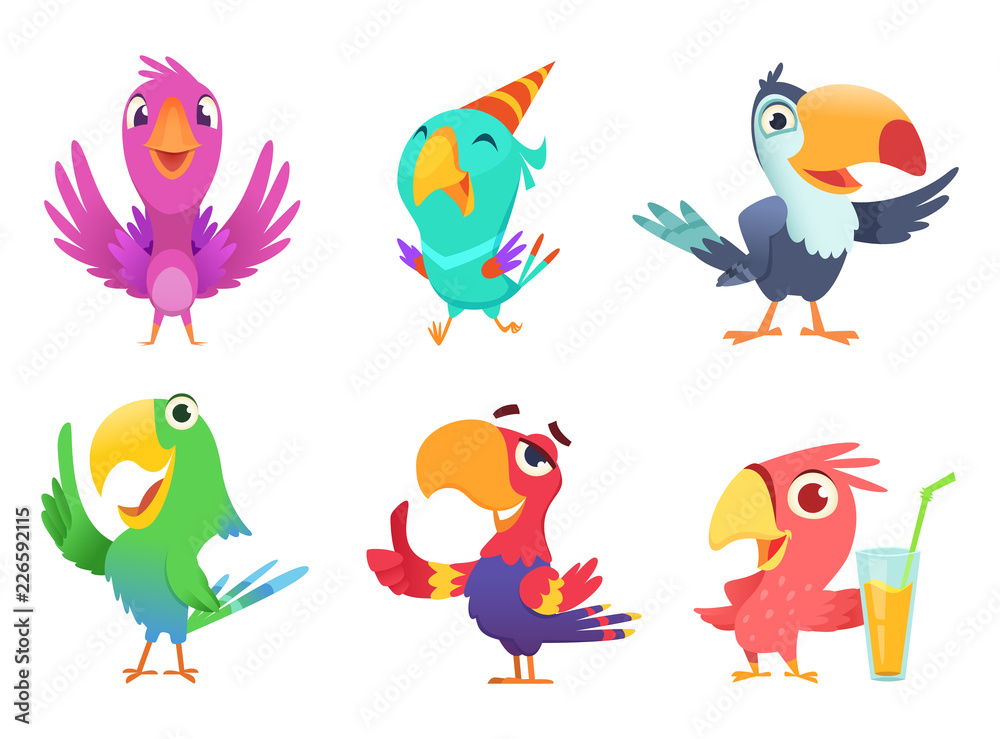 Cartoon parrots characters. Cute feathered birds with colored wings funny exotic parrot various action poses vector pictures isolated. Parrot animal exotic, bird tropical cartoon illustration Cartoon parrots characters. Cute feathered birds with colored wings funny exotic parrot various action poses vector pictures isolated. Parrot animal exotic, bird tropical cartoon illustration