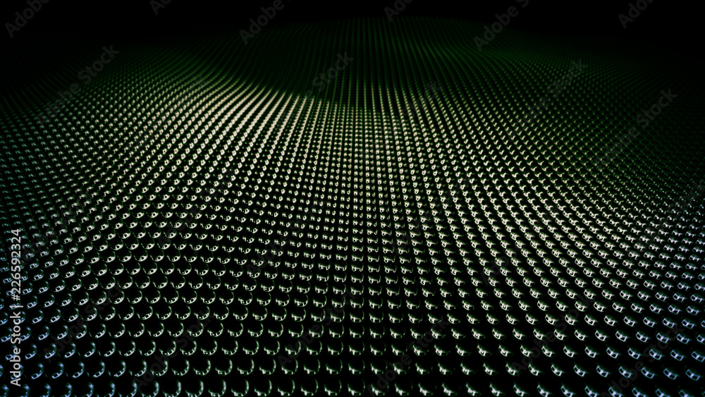 Modern abstract chrome surface wave. Metal grid of bright green metal spheres creating curved plane. Futuristic technology concept 3D illustration. Stylized Hi-Tech backdrop with Field of View Modern abstract chrome surface wave. Metal grid of bright green metal spheres creating curved plane. Futuristic technology concept 3D illustration. Stylized Hi-Tech backdrop with Field of View
