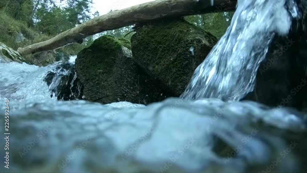 Wasserfall im Gebirge mit umgefallenem Baum