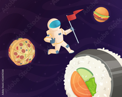 Astronaut on food planet. Fantasy space world with candy fast food burger pizza and various sweets stars fantastic sky vector background. Cosmonaut in cosmic space dream with burger illustration