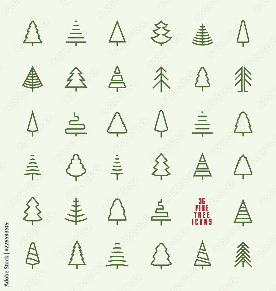 Thin Line Pine Tree Icon Set - A collection of 35 christmas tree line icon designs on light background - obrazy, fototapety, plakaty 