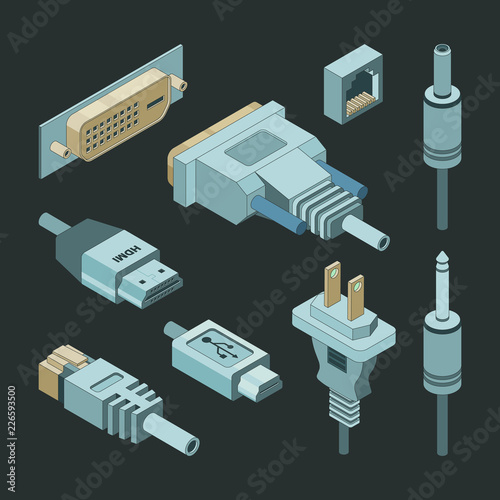 Plug connectors. Vga hand drawnmi video cable electricity power usb port socket adapters vector isometric. Illustration of usb plug with cable connect