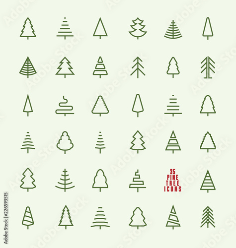 Fényképezés Thin Line Pine Tree Icon Set - A collection of 35 christmas tree line icon desig