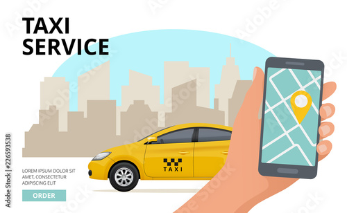 Taxi order. Hand holding smartphone and push button to call business city public urban car vector travel concept. Illustration of taxi mobile app online service