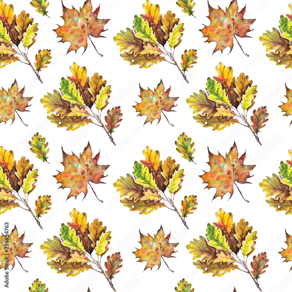 Seamless pattern with oak and maple leaves. Watercolor on white background. Seamless pattern with oak and maple leaves. Watercolor on white background.