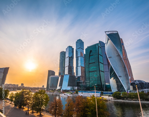 Panoramic view of Moscow city and Moskva River at sunset. New modern futuristic skyscrapers of Moscow-City