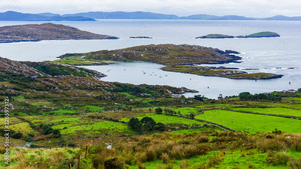 view of green fields, rocky shore and bay facing the Dingle Peninsula across the water while driving along the Ring of Kerry