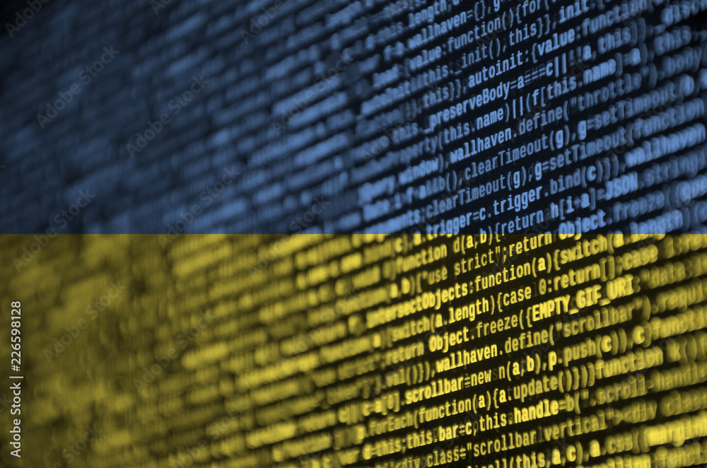 Ukraine flag is depicted on the screen with the program code. The ...