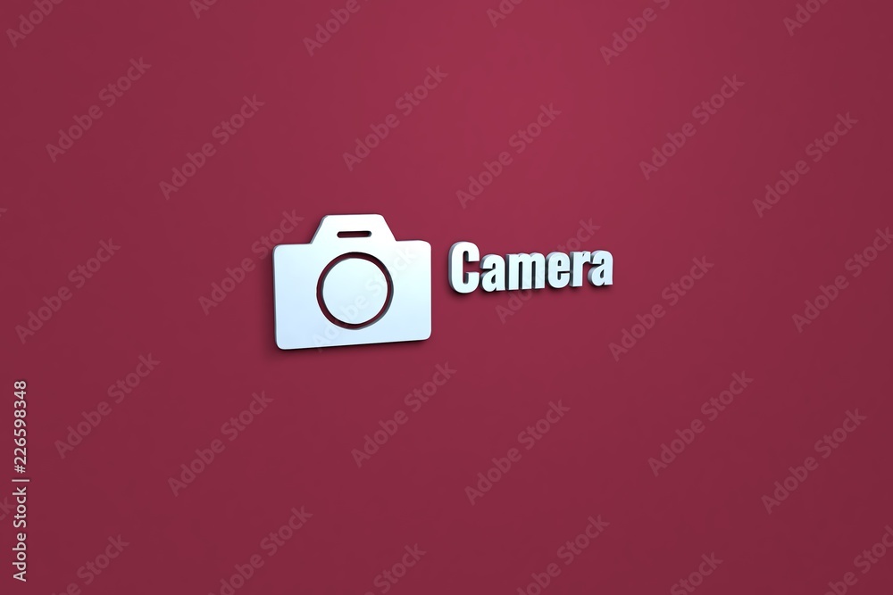 3D illustration of Camera, light blue color and light blue text with red background. 3D illustration of Camera, light blue color and light blue text with red background.