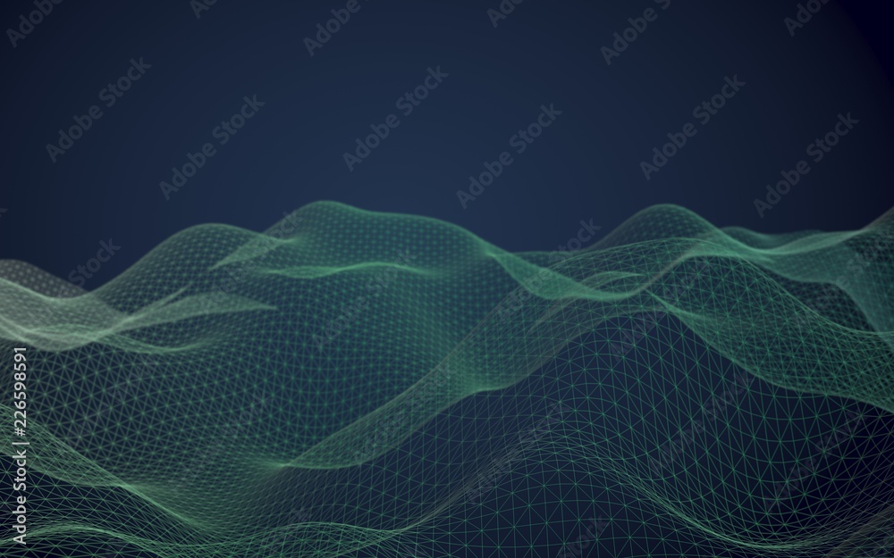 Abstract landscape background. Cyberspace green grid. Hi-tech network. 3D illustration