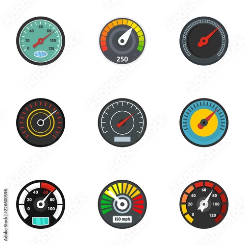 Speedometer icon set. Flat set of 9 speedometer vector icons for web design