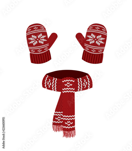 Red knitted scarf and gloves. vector illustration