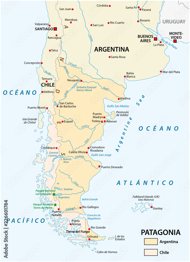 Vector map of Patagonia, the southern part of south America, Chile