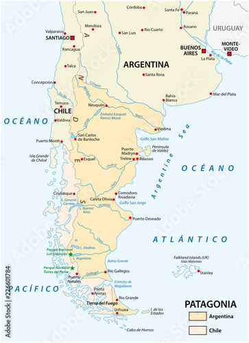 Vector map of Patagonia, the southern part of south America, Chile and Argentina