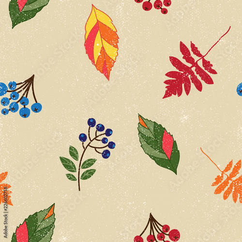 Autumnal seamless repeat pattern with tossed leaves and branches of berries with a texture on a cream background