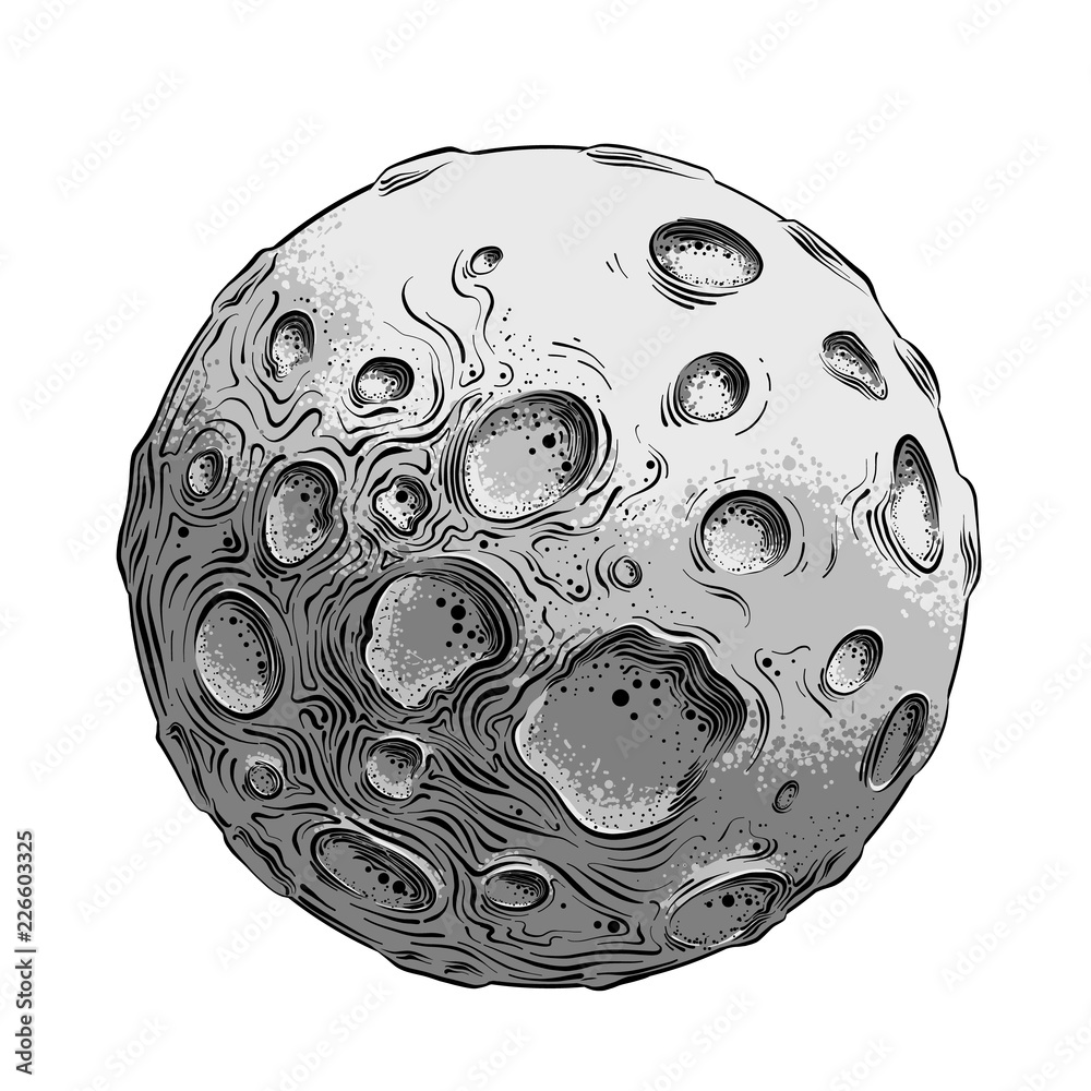 Hand drawn sketch of moon planet in black and white color, isolated on