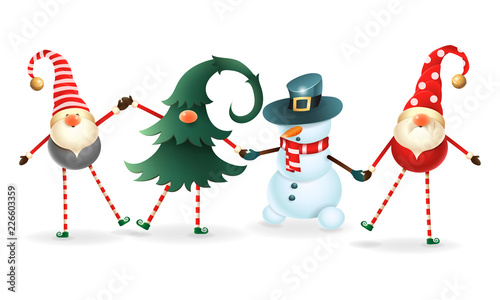 Cute happy friends celebrate Christmas - Scandinavian gnomes, one hidden in christmas tree and snowman