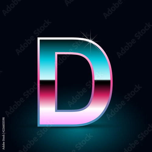 Retro letter D uppercase. 80s vector font isolated on black background