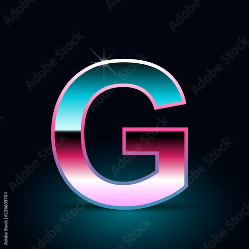 Retro letter G uppercase. 80s vector font isolated on black background