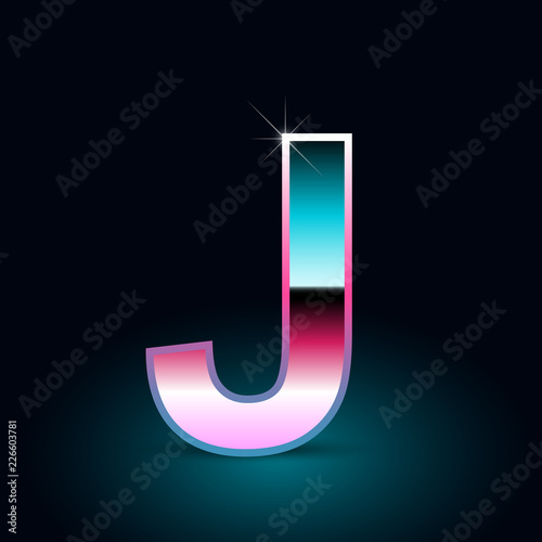 Retro letter J uppercase. 80s vector font isolated on black background