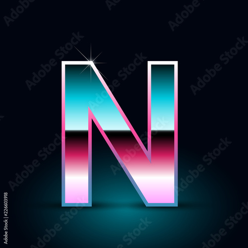 Retro letter N uppercase. 80s vector font isolated on black background
