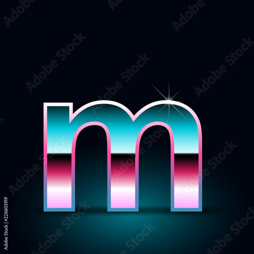 Retro letter M lowercase. 80s vector font isolated on black background