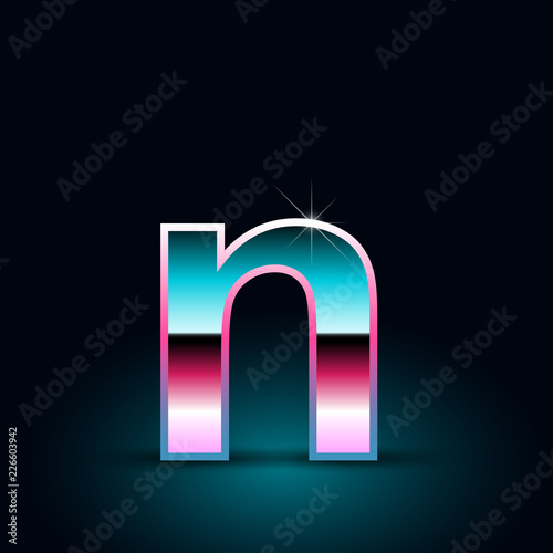 Retro letter N lowercase. 80s vector font isolated on black background