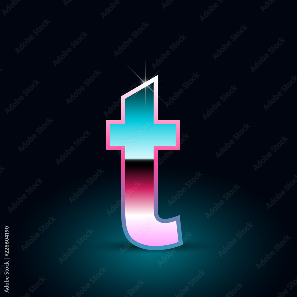 Fototapeta premium Retro letter T lowercase. 80s vector font isolated on black background