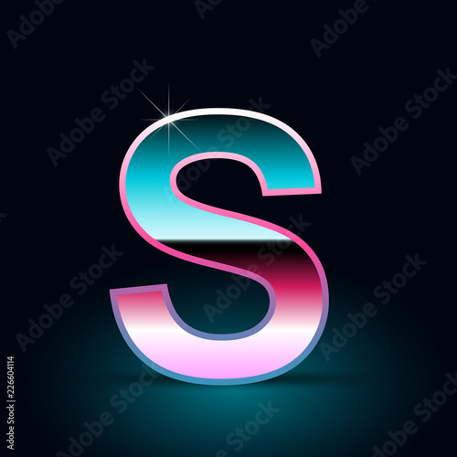 Retro letter S uppercase. 80s vector font isolated on black background