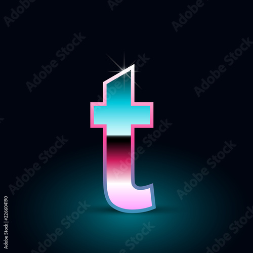 Retro letter T lowercase. 80s vector font isolated on black background