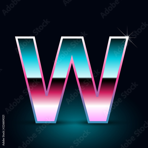 Retro letter W uppercase. 80s vector font isolated on black background