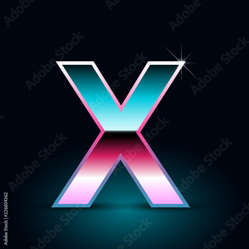 Retro letter X uppercase. 80s vector font isolated on black background