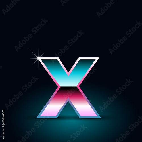 Retro letter X lowercase. 80s vector font isolated on black background