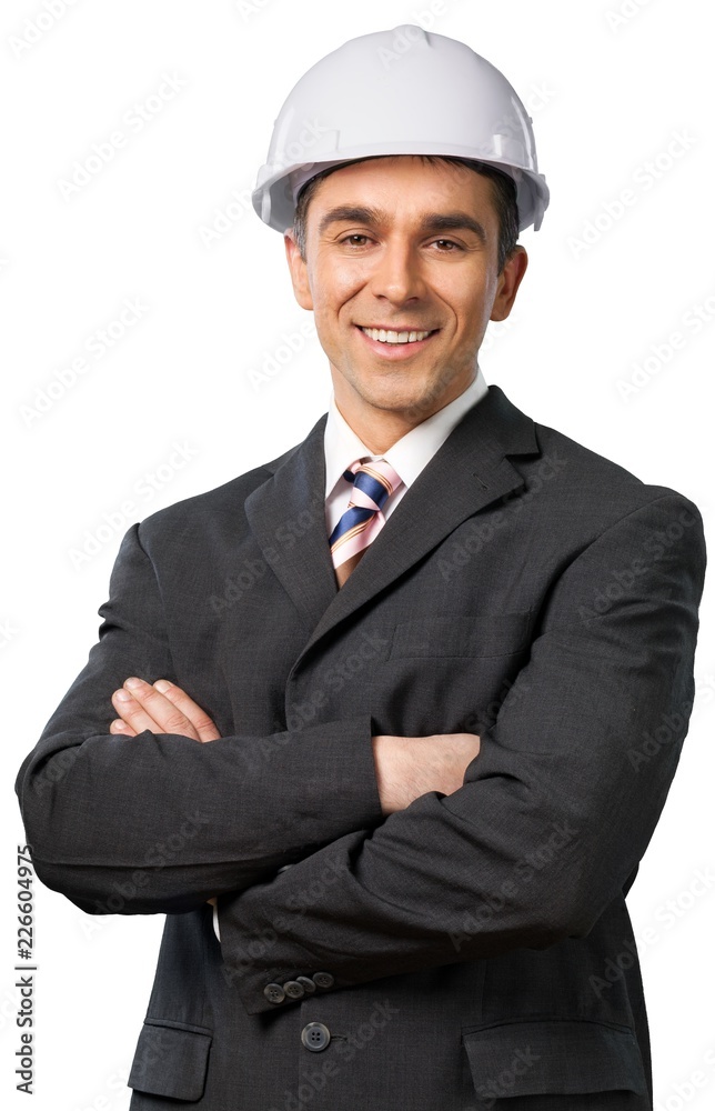 Smiling Construction Engineer Standing with Arms Folded - Smiling Construction Engineer Standing with Arms Folded -