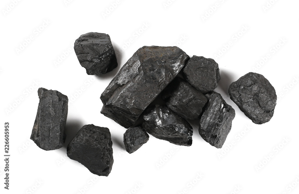 Black coal pile isolated on white background, top view Black coal pile isolated on white background, top view