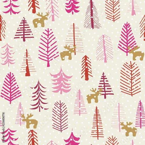 Christmas holiday seamless pattern with hand drawn reindeer, trees, and snowflakes. Gold Pink Vector illustration. Scandinavian style background for girls women. Fabric, paper, card, invitations, wrap