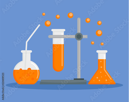 Orange chemical flask concept background. Flat illustration of orange chemical flask vector concept background for web design